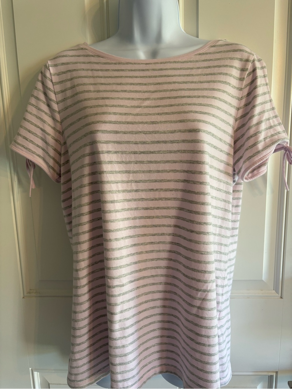 Talbots Light Pink and Gray Striped Short Sleeve Tee with Sleeve Ties